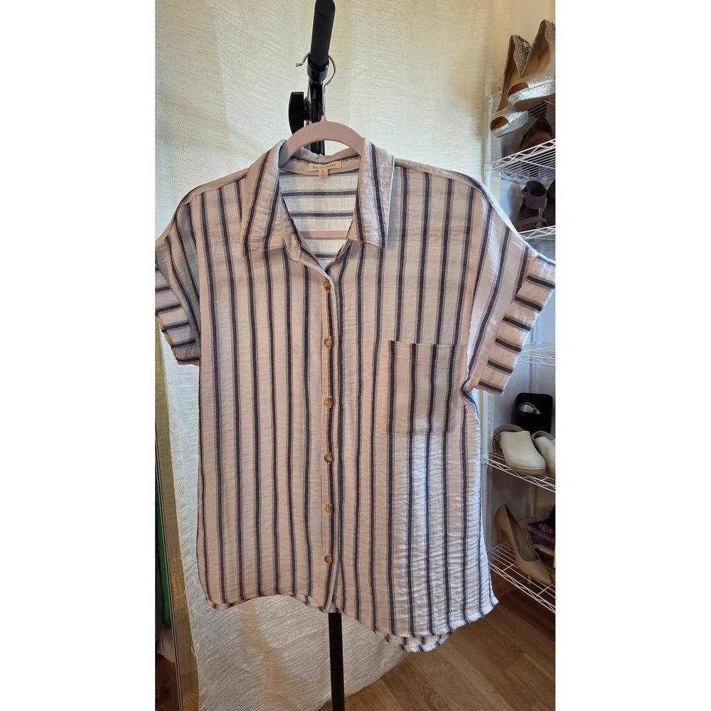 Blu Pepper Womens Navy Blue White Striped Button Down Shirt Short Sleeve Large